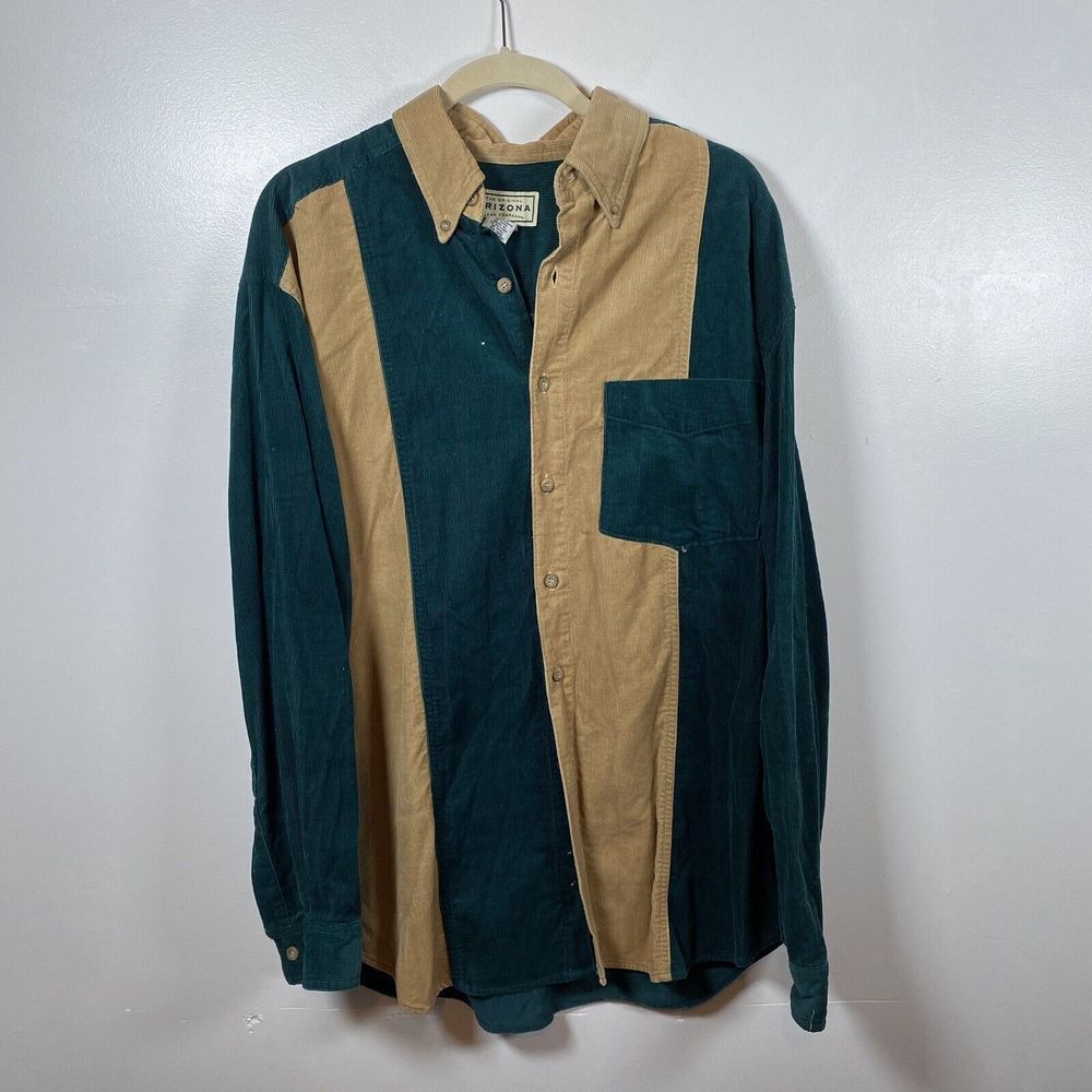 Arizona Corduroy Shirt Jacket Men's Size Medium Tan Color block Green Tan 90s